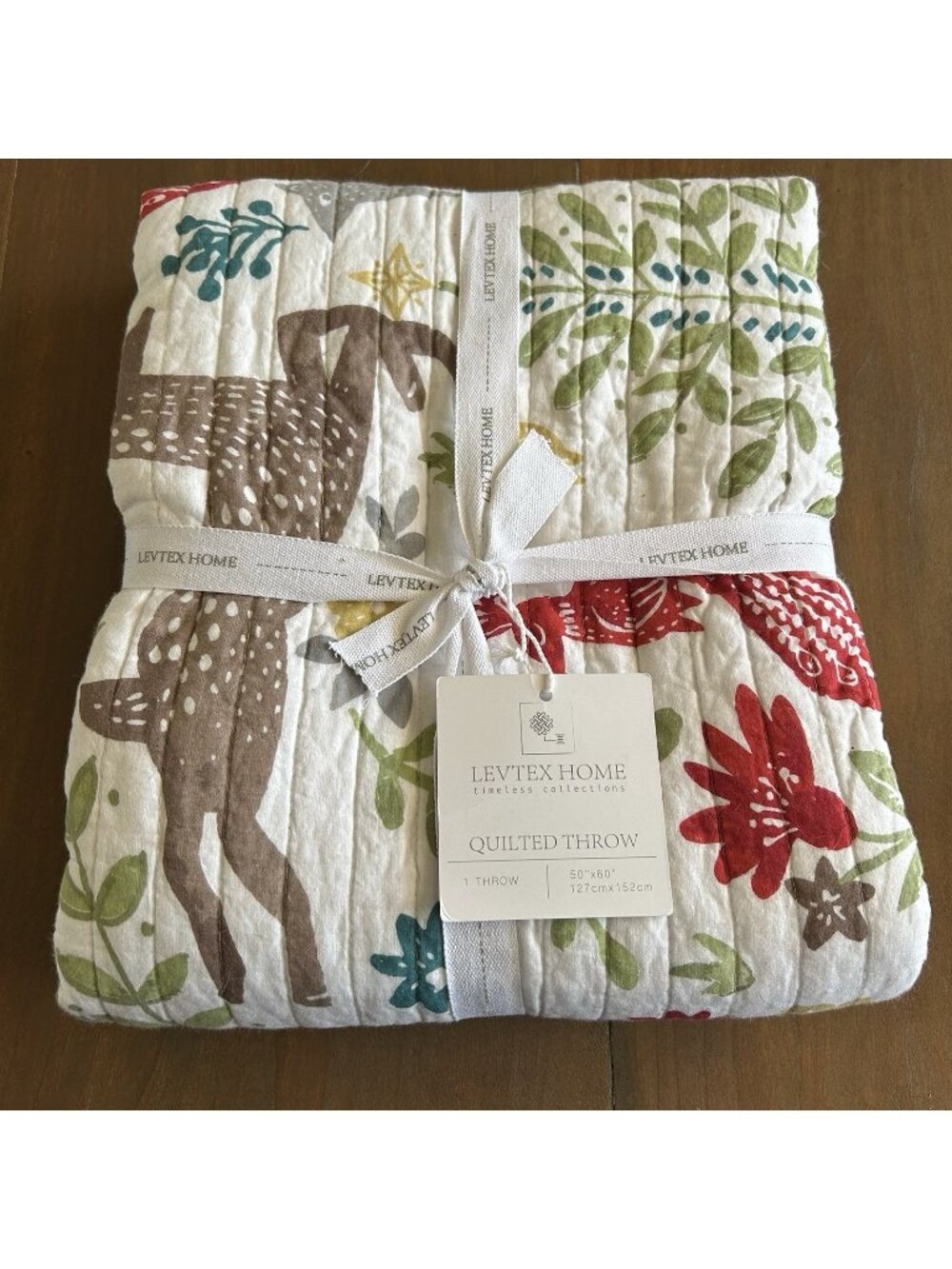 Levtex Quilted Throw 50x60” Folk Deer Cotton Blanket Timeless Collection